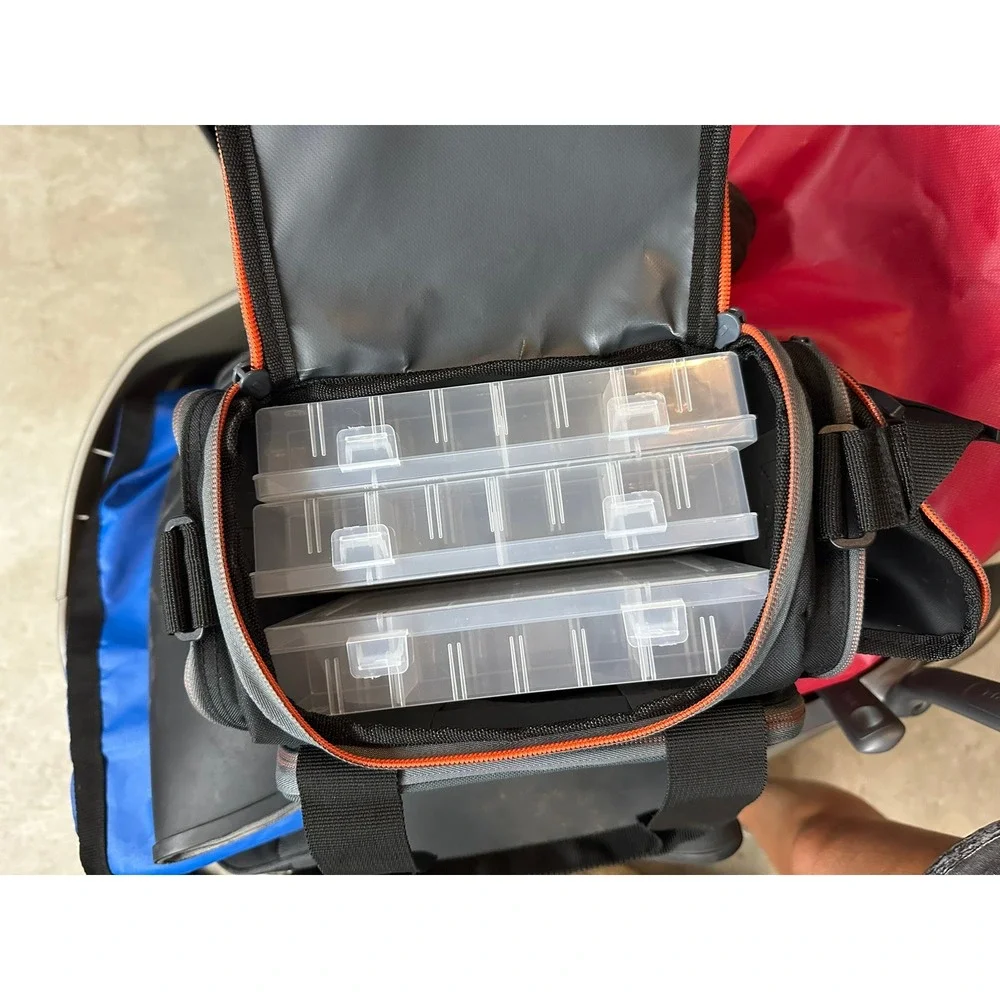 Fleet Farm Soft Sided Tackle Bag with 3 Utility Boxes Black Orange Fishing Gear